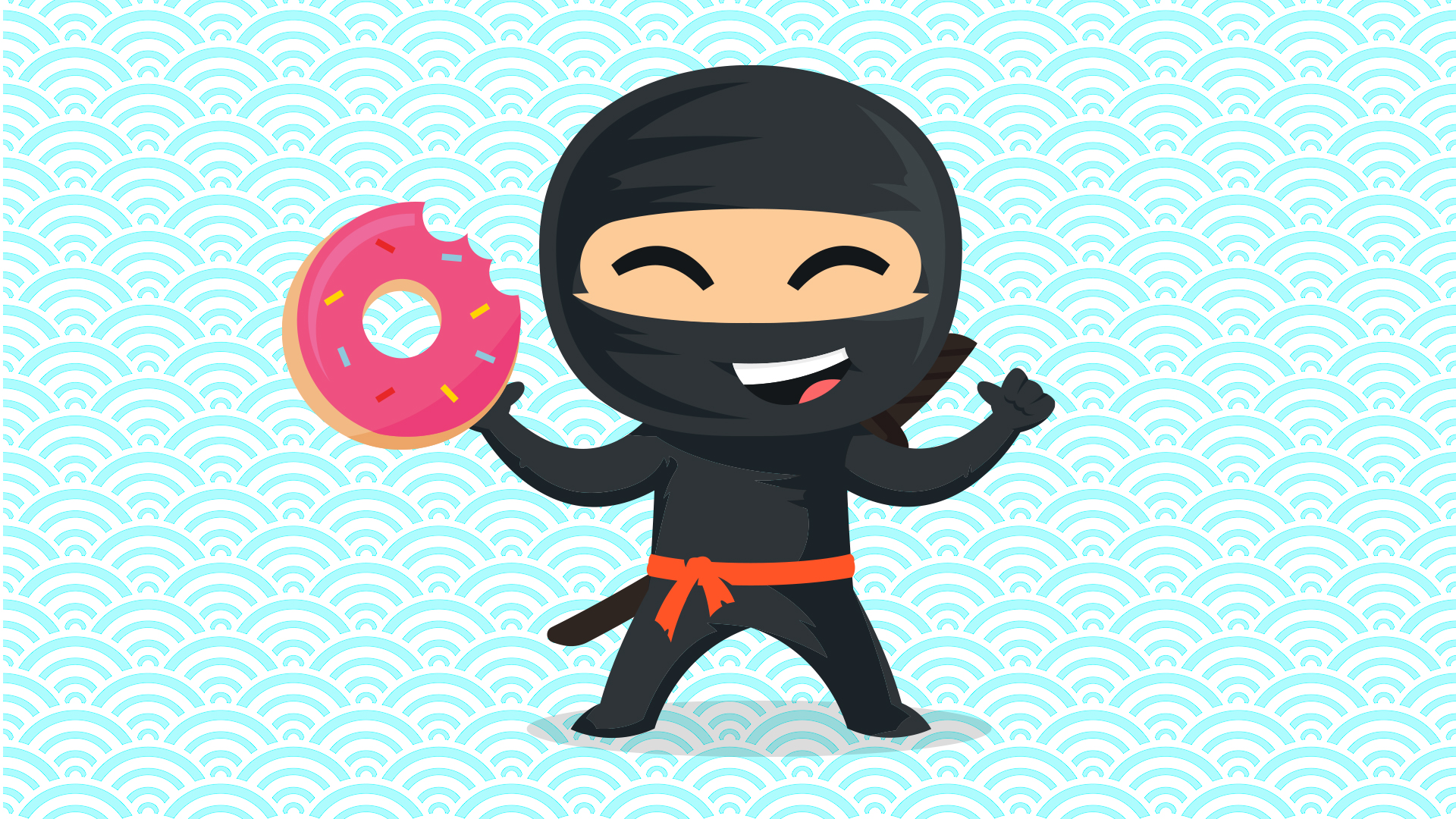 Cartoon ninja holding a doughnut on a blue background
