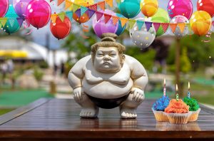 Basho on a wood table with cupcakes to his right and balloons