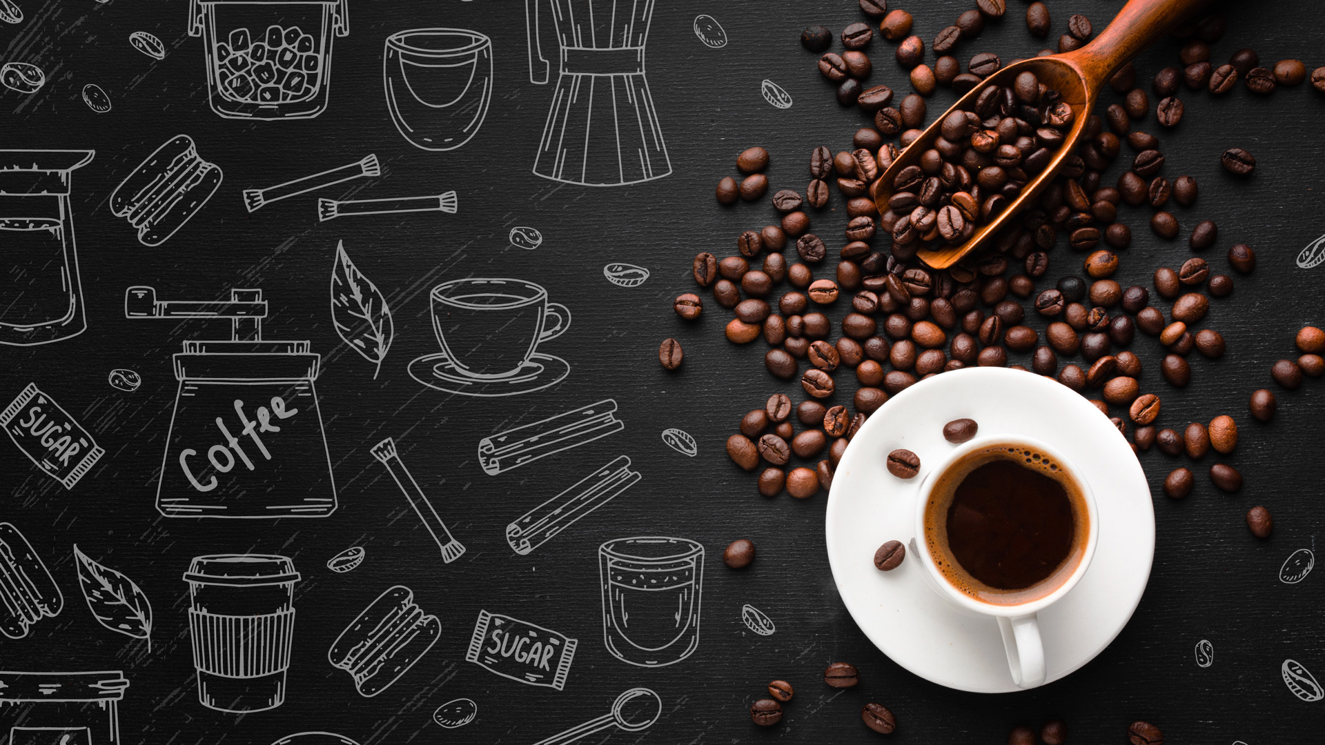 Coffee beans and cup of coffee on a black background with coffee illustrations